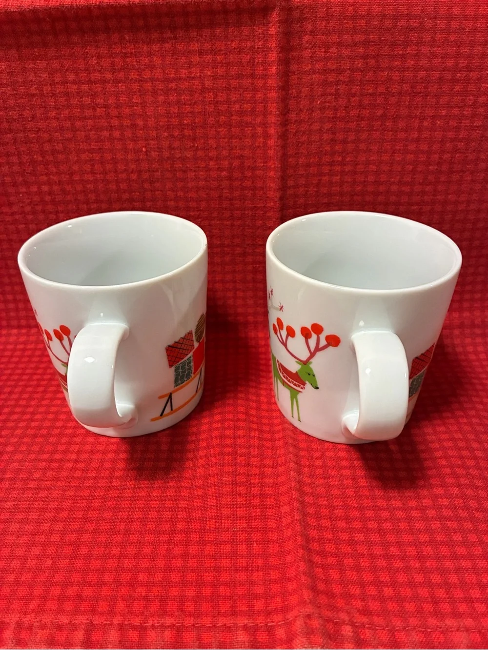 Set of 2 Crate & Barrel Jenny Bowers 2014 Christmas Reindeer & Sleigh Mugs